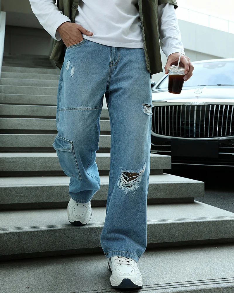 بيواكوف Men's Blue Washed Baggy Fit Distressed Cargo Mid-Rise Jeans